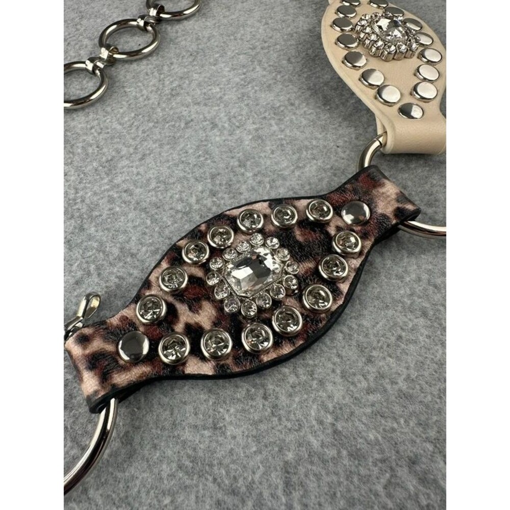Western Cowgirl Glam Rhinestone Studded Leopard Faux Leather Chain Belt
